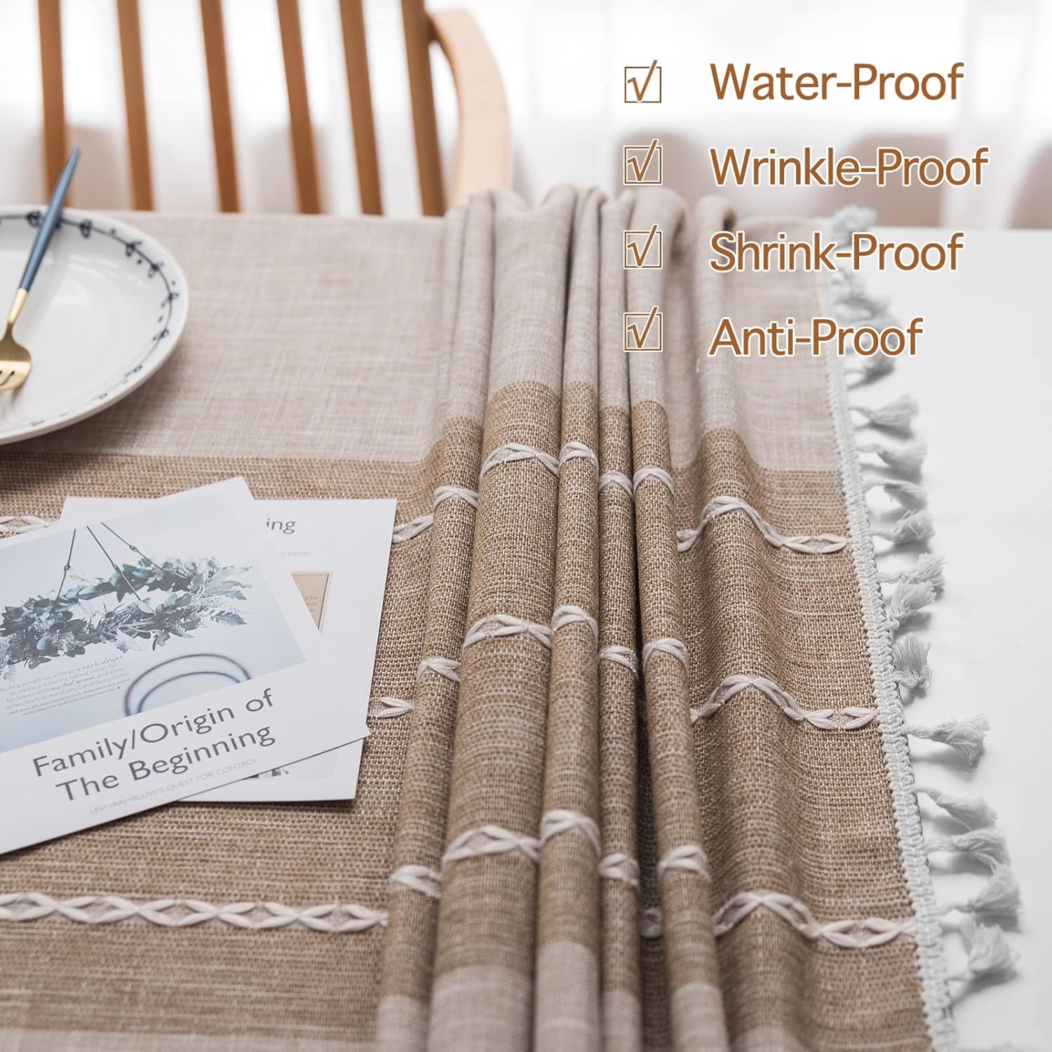 Tablecloths for Rectangle Tables, Cotton Linen Table Cloth Waterproof Tablecloth Wrinkle Free Farmhouse Dining Tables Cover, Soft Fabric Table Cloths with Tassels, Brown, 55" X 70", 4-6 Seats