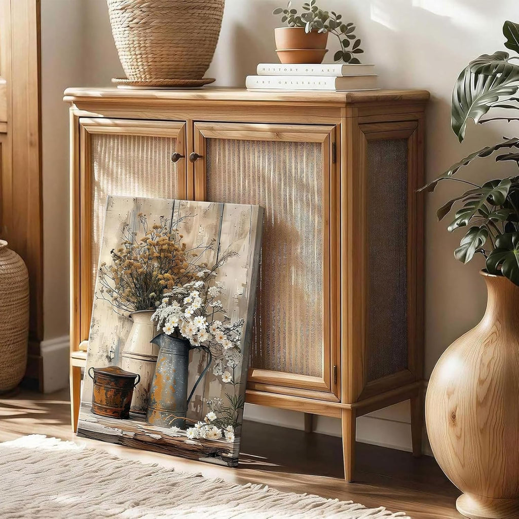 Farmhouse Rustic Daisy Canvas Wall Art Vintage Country Floral Posters Print White Jasmine Flowers and Rust Color Watering Can Wall Decor Picture for Living Room Bedroom Bathroom Decoration