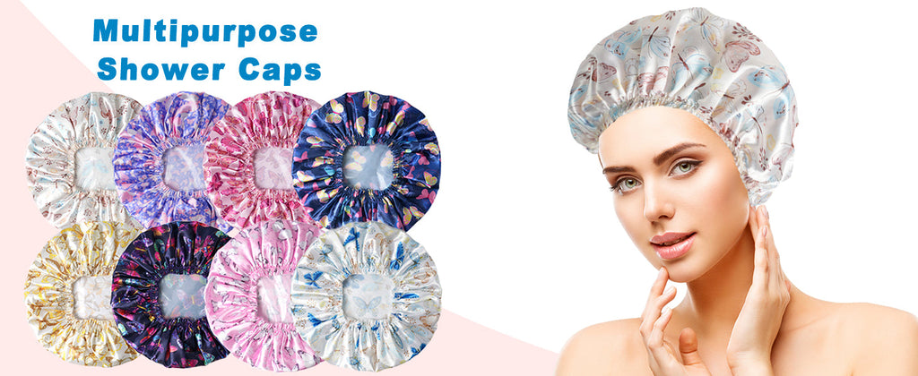 4 PCS Shower Caps for Women, Elastic and Reusable Bath Caps, Double Waterproof Layers Shower Cap, Bathing Shower Caps, Environmental Protection Hair Bath Hat - Printed Color