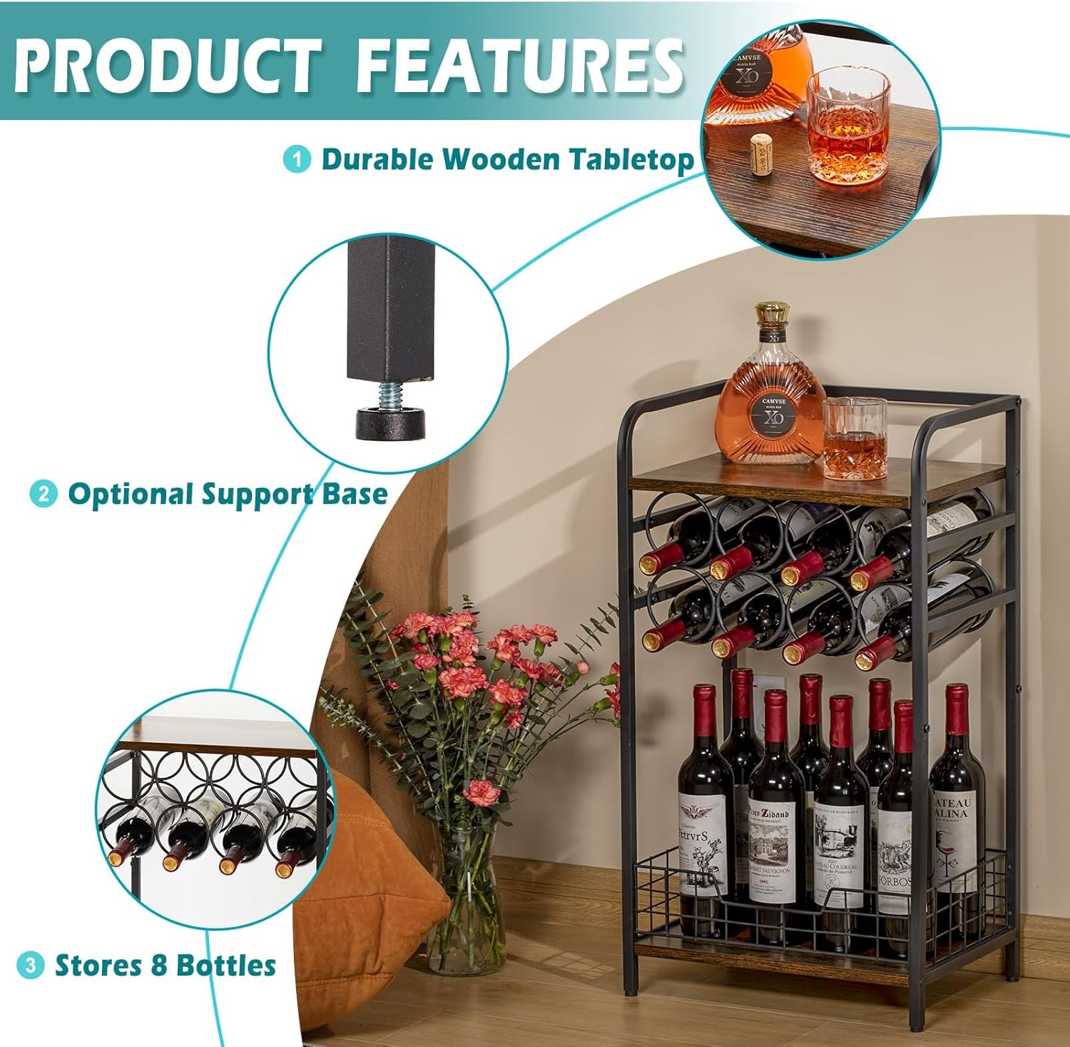 3-Tier Wine Rack Freestanding Floor Cabinet Corner Bar Cabinet Bar Cart,12 Individual Wine Storage Bottle Compartments Corner Bar Cabinet Holder (3-Tier Wine Rack 07)