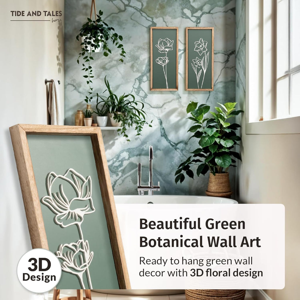 3D Floral Green Wall Art (Set of 2) Lightweight, Wooden Ready-to-Hang Boho Framed Wall Art for Bathroom, Bedroom, Living Room or Office – Premium Sage Green Farmhouse Decor – Gift-Boxed