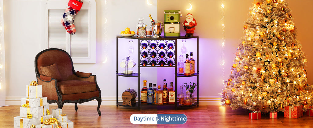 JKsmart Wine Bar Cabinet with LED Lights, Mini Wine Bar Cart with Storage and Glass Holder, Home Bar Coffee Bar for Liquor, 3-Tier Bar Table for Kitchen, Dining Room, Living Room, Black