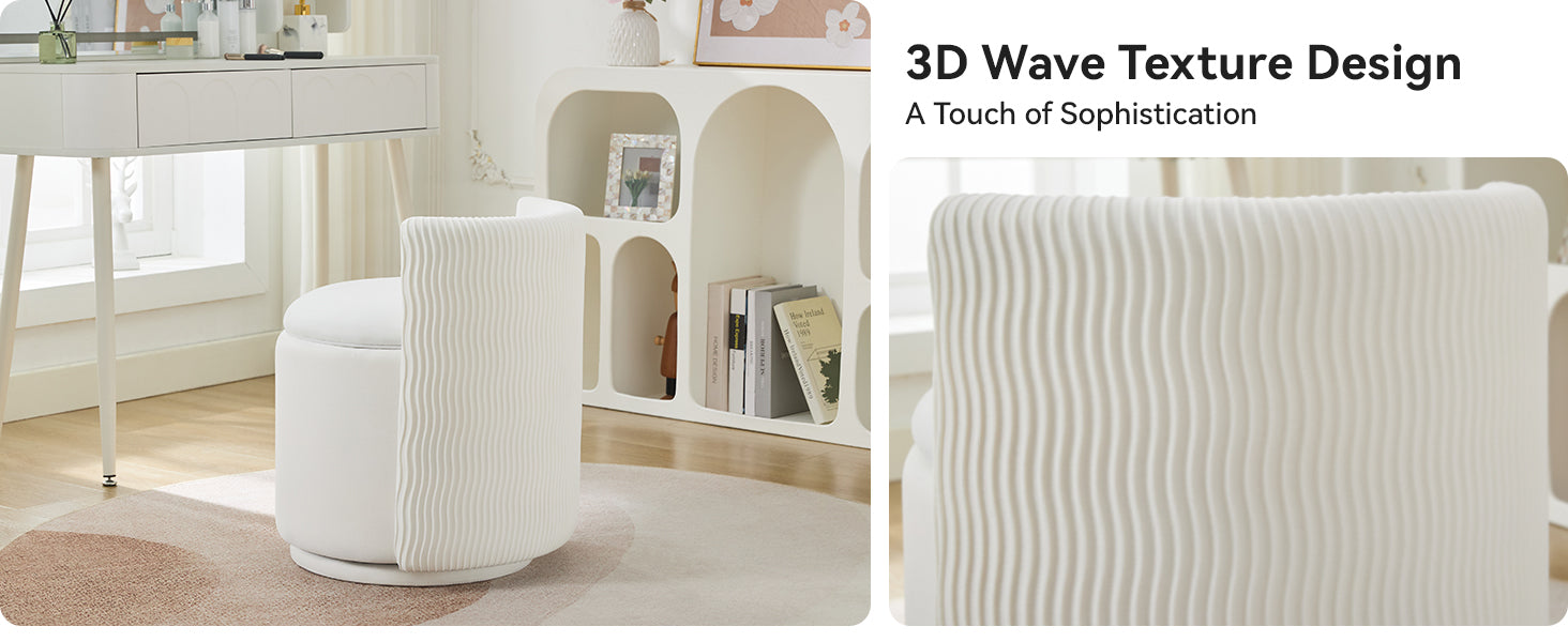 Velvet Vanity Chair with Storage, 360° Swivel Makeup Chair with Wave Back, No Assembly Small Accent Stool for Bedroom, Dressing, Living Room, White